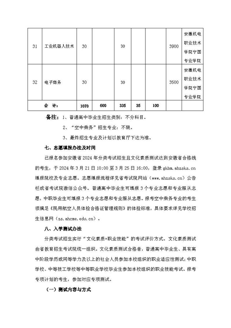 安徽機電職業(yè)技術(shù)學院2024年分類考試招生章程